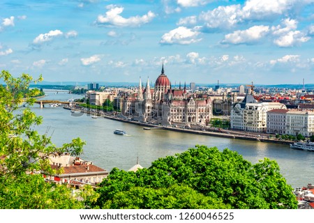 Budapest cityscape with Hungarian parliament building and Danube river, Hungary Royalty-Free Stock Photo #1260046525