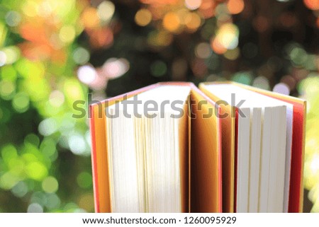 Close-up of several books arranged in rows in the library. Many natural colors are the background selective focus and shallow depth of field