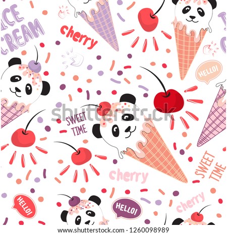 Edible seamless pattern Panda in a waffle cone. Suitable for Wallpaper, packaging, baby and kitchen textiles, wall decoration in cafe and pastry shop. Vector clip art sweets