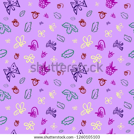 Vector seamless pattern with berries,butterflies, bees, flowers and leaves on a pink  background. Excellent for the design of children's products. Hand drawn