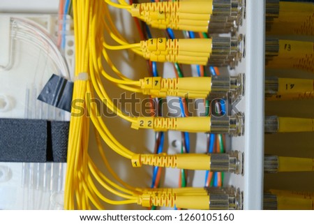 Fiber optic cables in box's connection in a technology data center room for high speed communication. selective focus