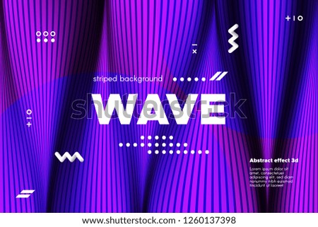 Movement of Waves Concept. 3d Striped Poster with Ripple Effect. Purple Abstract Linear Background. Vector Template for Brochure. Flowing Metallic Lines Banner with Distortion and Movement of Surface.