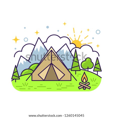 Cute flat line icon of colorful tourist camping tent. Vector
