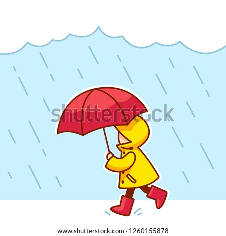 Little kid with raincoat, rain boots and umbrella running under rain. Cute cartoon vector illustration.