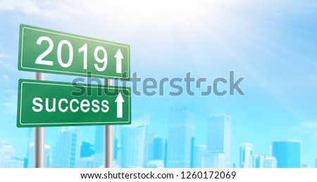 2019 sign , success sign. sky background with space for text writing.