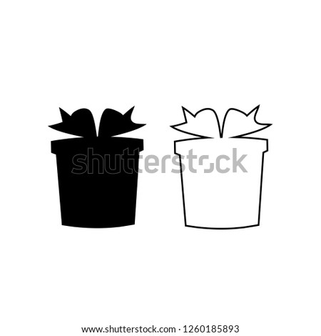Vector set of black outline and flat silhouettes of wrapped presents on white background. Christmas, new year, birthday, valentines present icon, sign, symbol, clip art. Giftboxes buttons, elements.