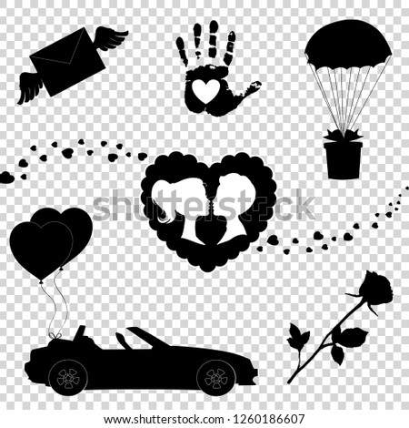 Vector love icons collection of 7 editable filled valentines silhouette signs on transparent background. Heart, balloons, rose, kissing couple, just married car, open palm, falling parachute with gift