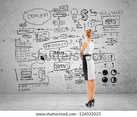 woman looking at business concept on brick wall