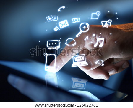 hand touching touch pad, social media concept Royalty-Free Stock Photo #126022781
