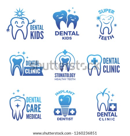 Labels and logos set of dental theme and illustrations of healthy teeth