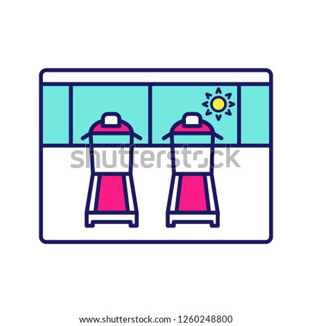 Fitness facilities color icon. Gym. Treadmills. Exercises machines. Isolated vector illustration