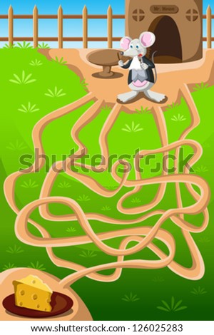 A vector illustration of a mouse needing to go through maze to get to the cheese
