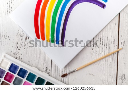 Kid's drawing with colorful rainbow