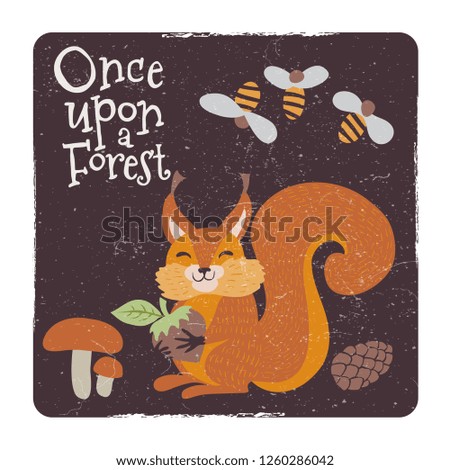 Cute squirrel with nut and mushrooms and bee