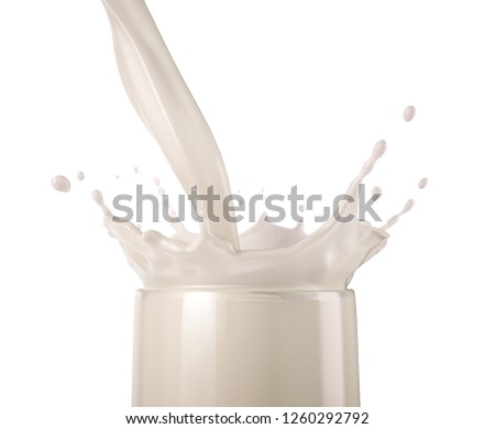 Glass full of fresh milk with pouring and splash. Isolated On white background. Close up view.