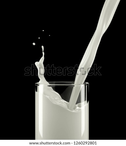 Glass full of fresh milk with pouring and splash. Isolated On black background. Close up view.