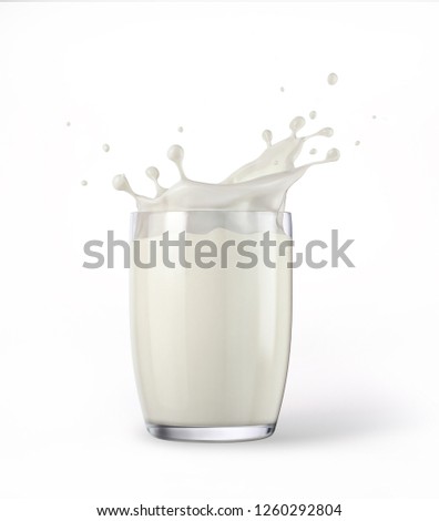 Glass full of milk with splash. Isolated on white background. Side view.