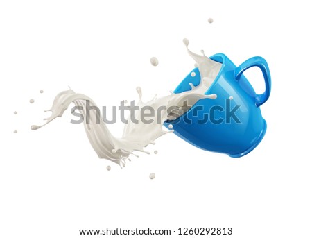 Blue cup mug full of fresh milk with splash. Isolated on white background.