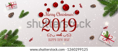 Merry Christmas Typographical on white background with fir branches, berries, gift boxes, stars, pine cones. Xmas and New Year theme. Vector Illustration