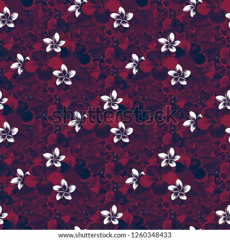 Raster seamless pattern with hibiscus flowers and leaves in magenta, green and brown color. Watercolor floral background. Textile print for bed linen, jacket, package design, fabric or fashion concept