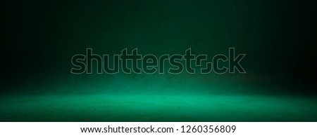 Green background painted curved texture, banner. Empty wall and floor for presentation, copy space