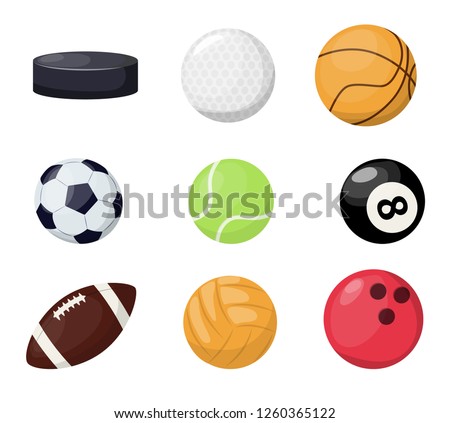 Sport balls on white background. Vector illustration sport tournament win round basket soccer equipment. Recreation leather group traditional different sportballs washer, flyhook.