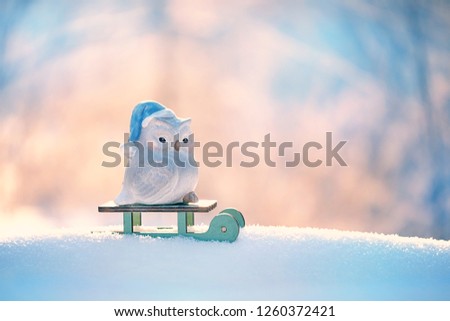 cute toy owl on sled on snow, natural winter background. Christmas and new year holidays concept. Christmas toy bird. winter festive season. copy space