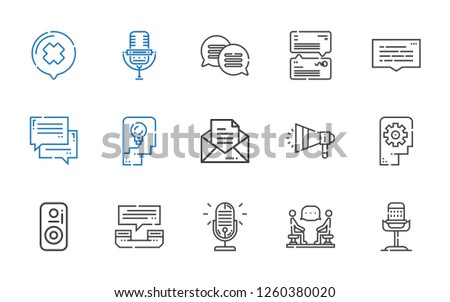 speak icons set. Collection of speak with microphone, discussion, phone call, speaker, thinking, megaphone, message, chat, speech bubble. Editable and scalable speak icons.