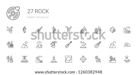 rock icons set. Collection of rock with charcoal, minerals, record, volcano, landslide, eruption, hot stones, guitar, mountain, ukelele, saxophone. Editable and scalable rock icons.