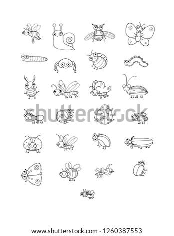 Cute cartoon insects. Funny butterflies, beetles, flies, mosquitoes and snail. Vector 