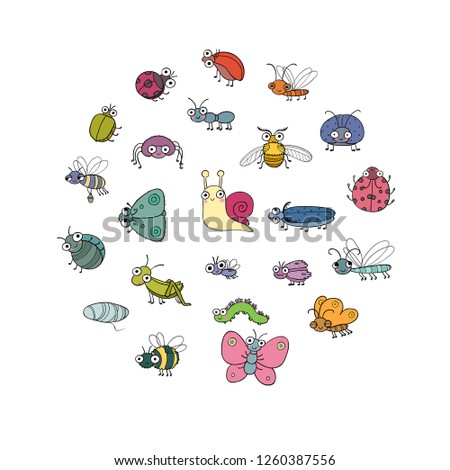 Cute cartoon insects. Funny butterflies, beetles, flies, mosquitoes and snail. Vector 