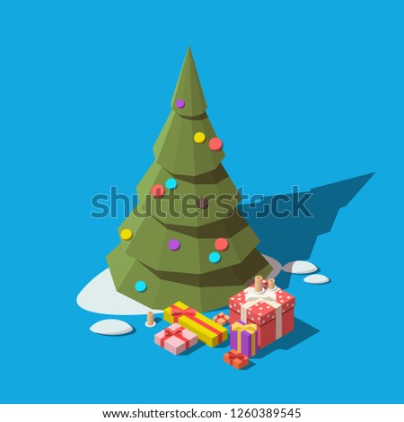 Christmas tree with gift boxes and decorations. Happy New Year or Merry Christmas icon. Vector isometric illustration on isolated background