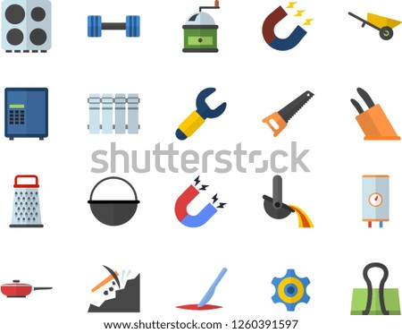 Color flat icon set wheelbarrow flat vector, saw, heating batteries, boiler, frying pan, cauldron, knives, coffee grinder, electric stove, grater, magnet, wrench, mining, metallurgy, cogwheel
