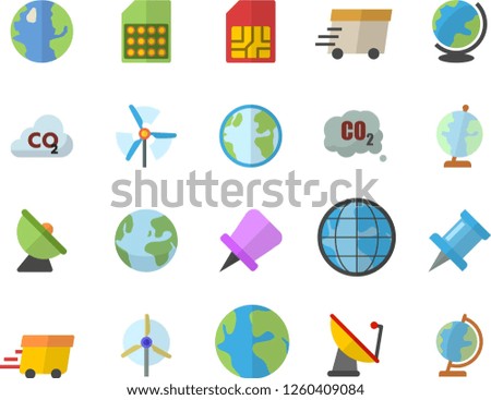 Color flat icon set earth flat vector, carbon dioxide, satellite antenna, SIM card, express delivery, globe, windmill, fector, drawing pin