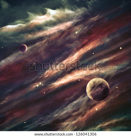 Planets over the nebulae in space