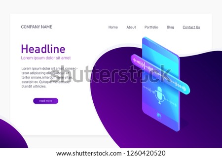 Concept of landing page with isometric phone, voice recording, website main page with 3d smartphone, dictaphone app interface on screen of mobile device, vector illustration