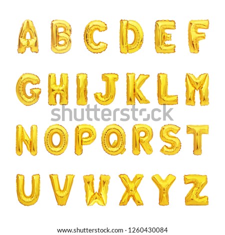 set of gold capital A-Z alphabet balloon isolated on white background Royalty-Free Stock Photo #1260430084