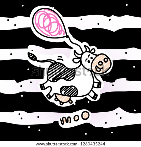 Vector illustration, line sketched running or flying cow with air balloon. Hand drawn, paper (cut) art style, striped background. "MOO" lettering. For package, poster, label designs, flyers etc.