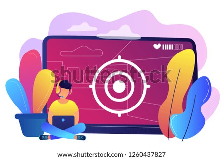 Gamer in headset with laptop recording video game walkthrough. Video game walkthrough, popular video content, gaming video stream concept. Bright vibrant violet vector isolated illustration Royalty-Free Stock Photo #1260437827