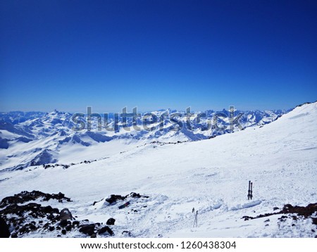 Winter panorama of Elbrus Mountain and Caucasus in Russia. Winter ski sports in Elbrus, Russia