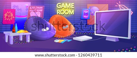 Teen game room interior. Play video games on the console with comfortable armchairs and snacks for gamers. Vector cartoon illustration