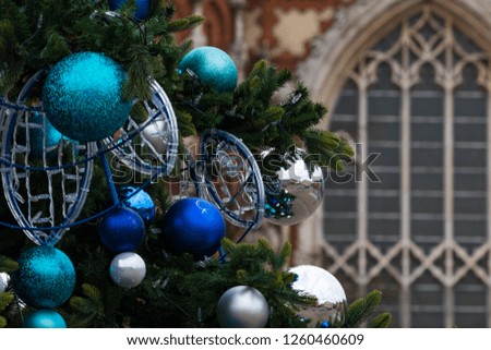 Christmas decorations in front of the Holy Church Jozefa in Cracow, Poland