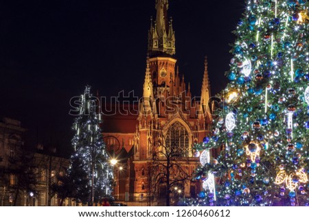 Christmas decorations in front of the Holy Church Jozefa in Cracow, Poland Royalty-Free Stock Photo #1260460612