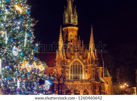 Christmas decorations in front of the Holy Church Jozefa in Cracow, Poland Royalty-Free Stock Photo #1260460642