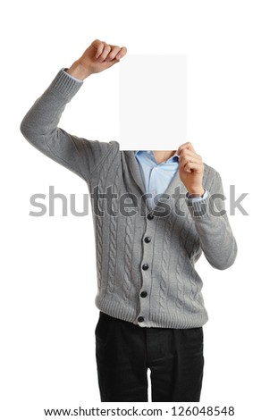 man holding a blank sheet of white paper. exergue. isolated on white