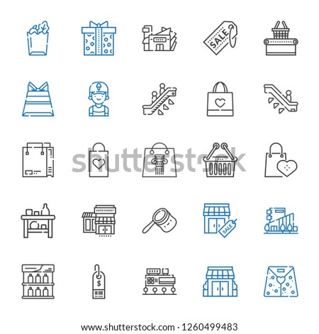 mall icons set. Collection of mall with paper bag, stores, supermarket, shelf, bag, supermarkets, upermarket, shopping bag, escalator, clerk. Editable and scalable mall icons.
