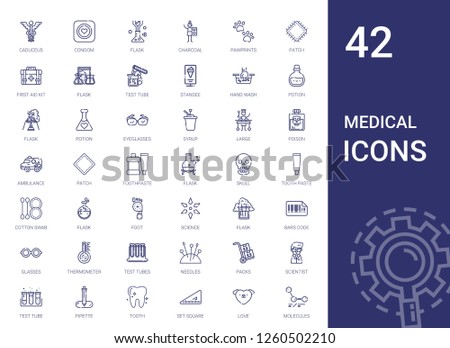 medical icons set. Collection of medical with caduceus, condom, flask, charcoal, pawprints, patch, first aid kit, test tube, standee, hand wash. Editable and scalable medical icons.