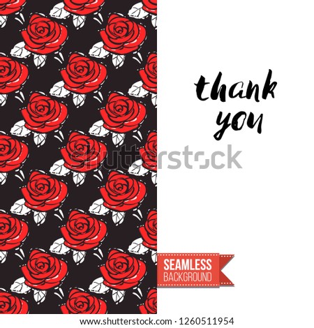 Greeting card with rock-style seamless pattern, text: thank you. Hand drawn graphic rock music attributes doodle elements. Vector template for music band, concert, party.