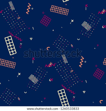 Vintage Memphis Texture. Seamless Background for Banner, Fabric, Cloth in Trendy Style. Bright Geometric Pattern with Hand Drawn Scribble Elements. Colorful Triangles, Rings, Zigzags and Dots.