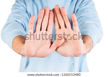 Man's hand on white background. Gestures with both hands. Different hand movements.